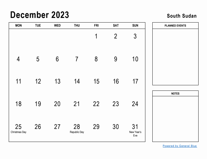 December 2023 Printable Monthly Calendar with South Sudan Holidays