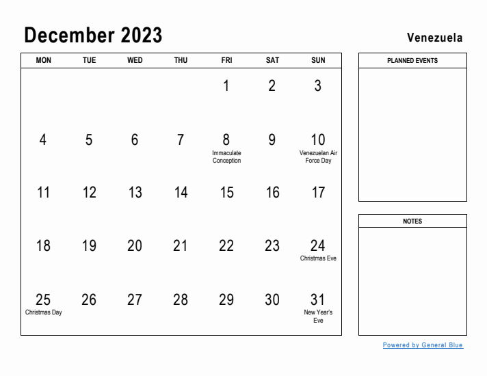 December 2023 Printable Monthly Calendar with Venezuela Holidays