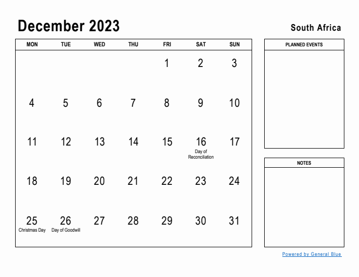 December 2023 Printable Monthly Calendar with South Africa Holidays