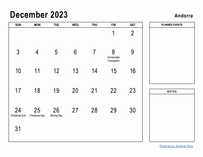 December 2023 Printable Monthly Calendar with Andorra Holidays