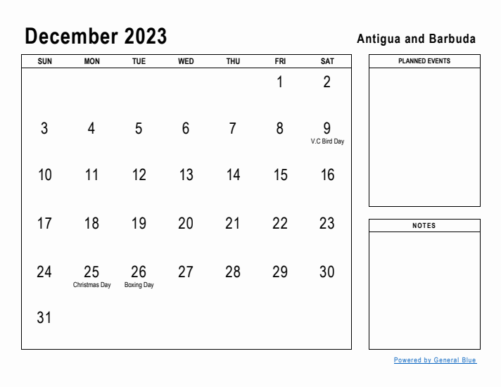 December 2023 Printable Monthly Calendar with Antigua and Barbuda Holidays