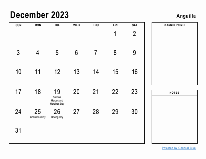 December 2023 Printable Monthly Calendar with Anguilla Holidays