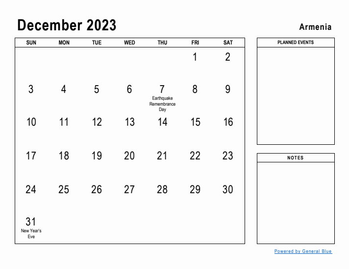 December 2023 Printable Monthly Calendar with Armenia Holidays