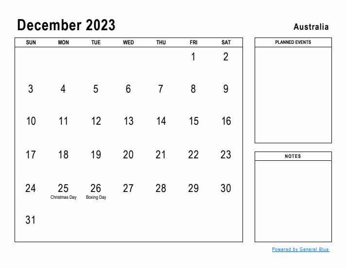 December 2023 Printable Monthly Calendar with Australia Holidays