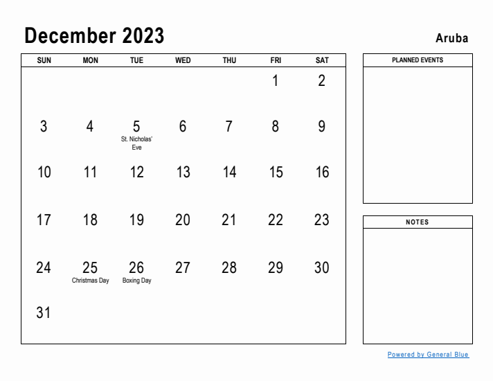 December 2023 Printable Monthly Calendar with Aruba Holidays