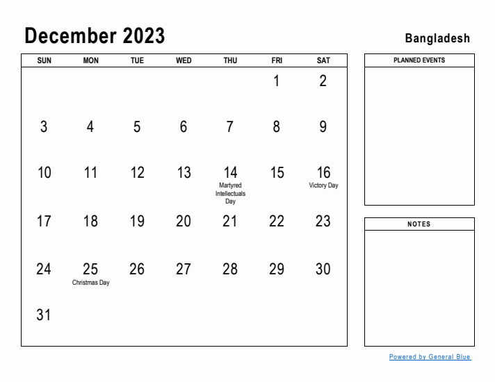 December 2023 Printable Monthly Calendar with Bangladesh Holidays