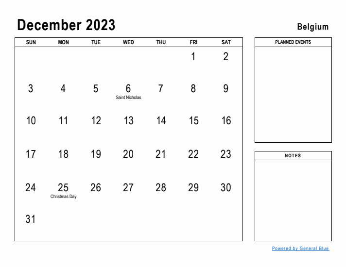 December 2023 Printable Monthly Calendar with Belgium Holidays