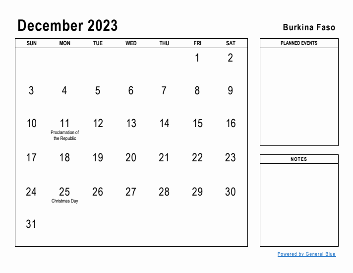 December 2023 Printable Monthly Calendar with Burkina Faso Holidays