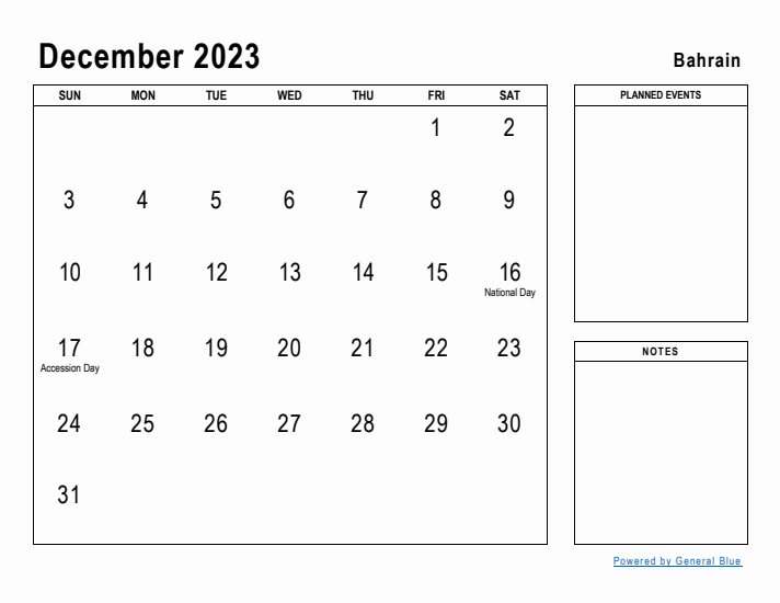 December 2023 Printable Monthly Calendar with Bahrain Holidays