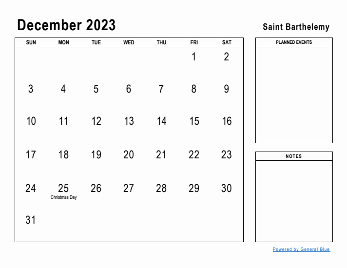 December 2023 Printable Monthly Calendar with Saint Barthelemy Holidays