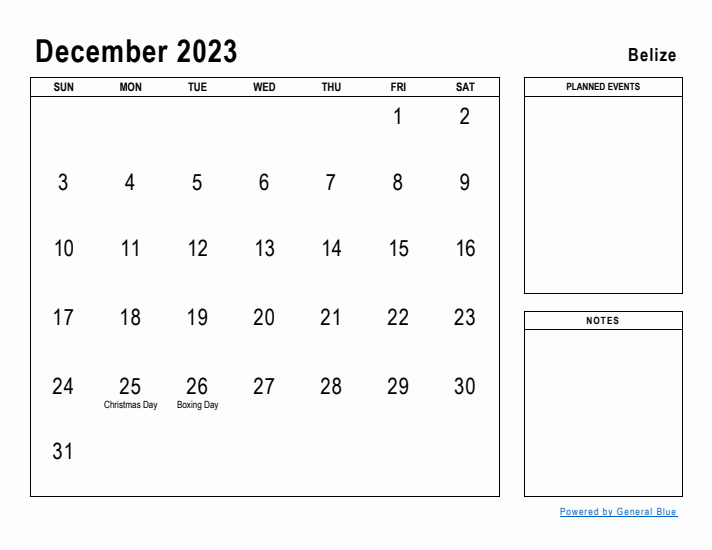 December 2023 Printable Monthly Calendar with Belize Holidays