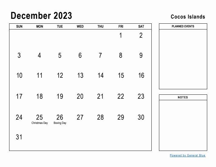 December 2023 Printable Monthly Calendar with Cocos Islands Holidays