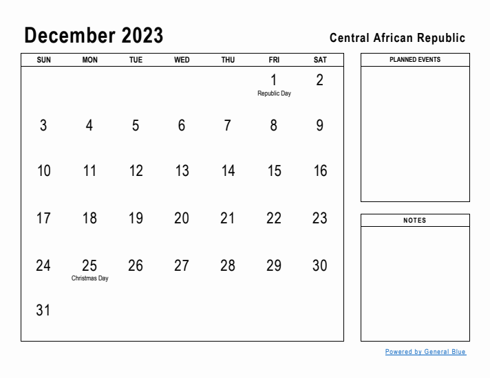 December 2023 Printable Monthly Calendar with Central African Republic Holidays