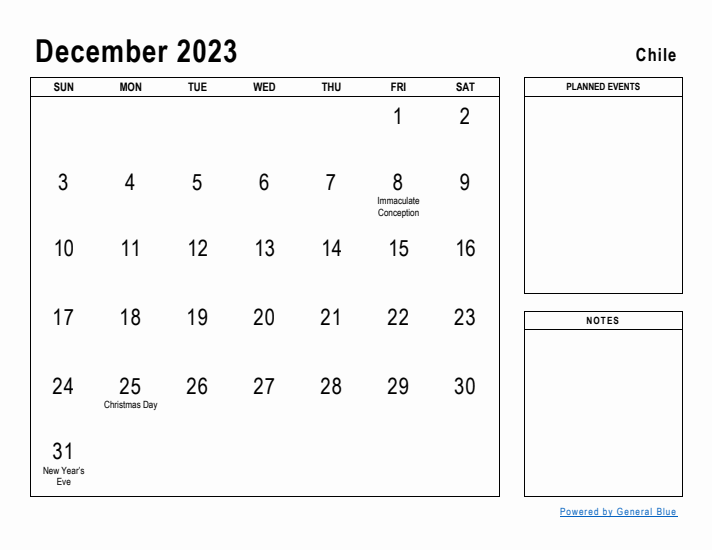 December 2023 Printable Monthly Calendar with Chile Holidays