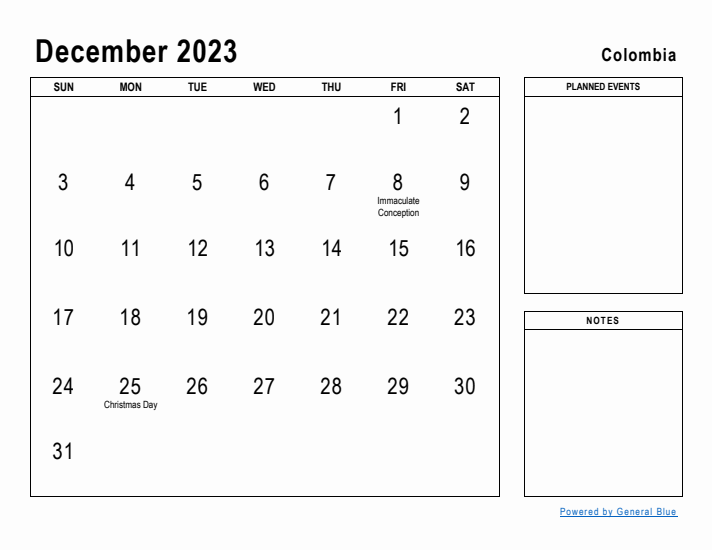 December 2023 Printable Monthly Calendar with Colombia Holidays