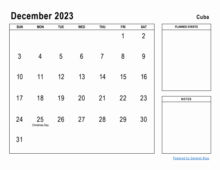 December 2023 Printable Monthly Calendar with Cuba Holidays