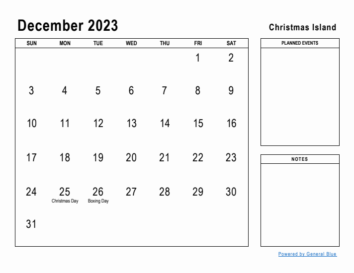 December 2023 Printable Monthly Calendar with Christmas Island Holidays