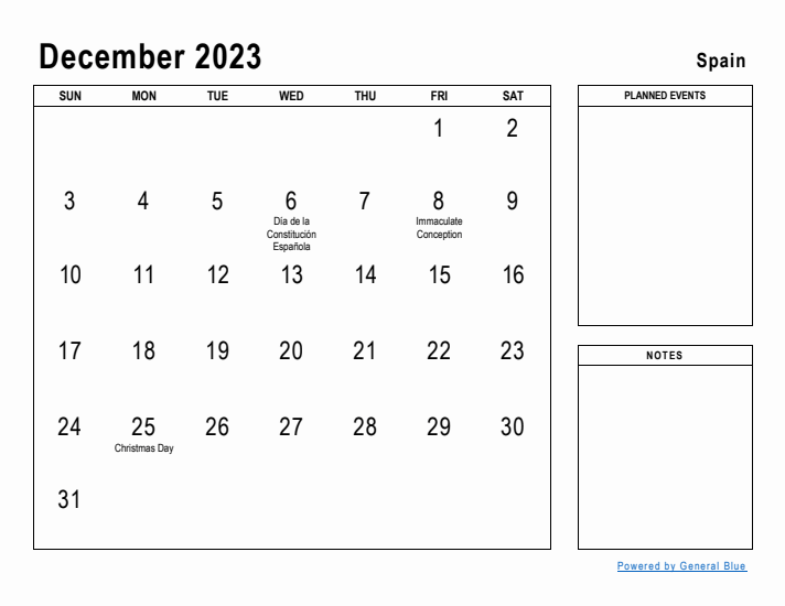 December 2023 Printable Monthly Calendar with Spain Holidays