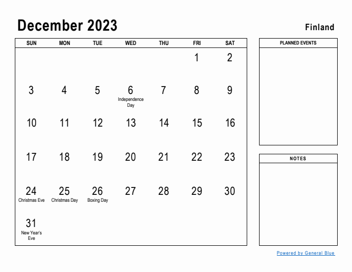 December 2023 Printable Monthly Calendar with Finland Holidays