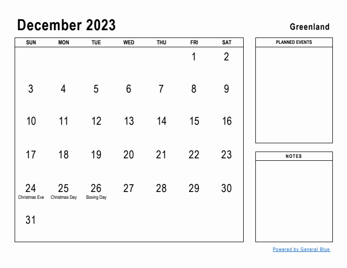 December 2023 Printable Monthly Calendar with Greenland Holidays