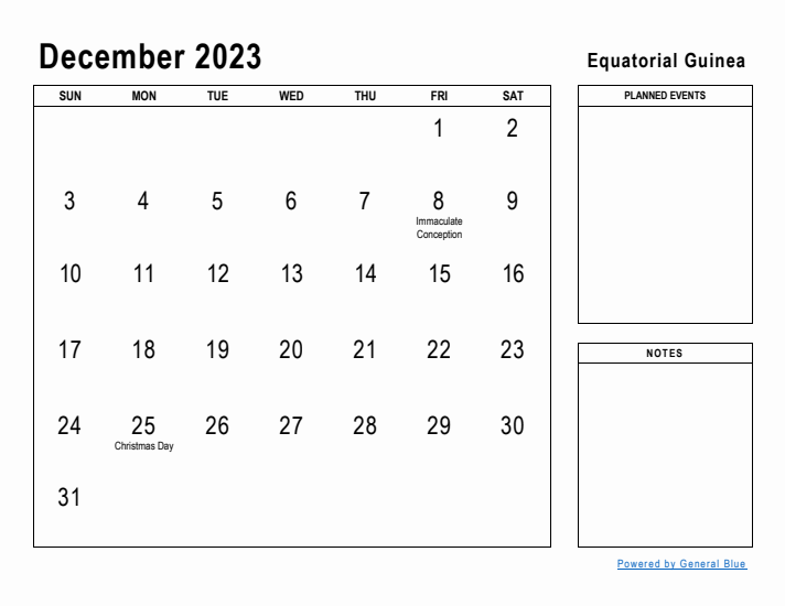 December 2023 Printable Monthly Calendar with Equatorial Guinea Holidays