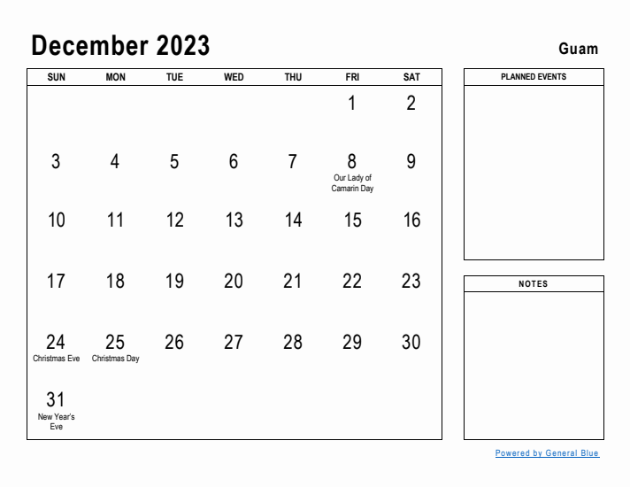 December 2023 Printable Monthly Calendar with Guam Holidays