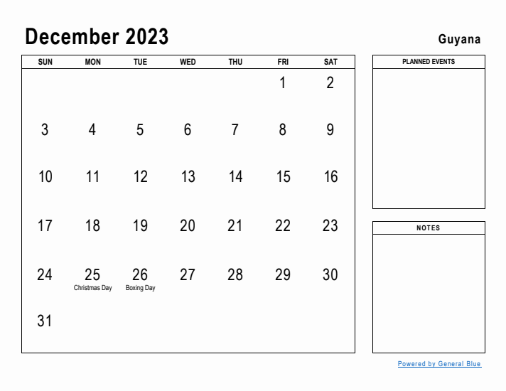 December 2023 Printable Monthly Calendar with Guyana Holidays