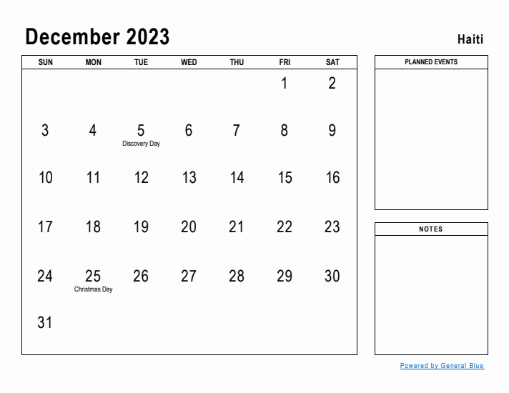 December 2023 Printable Monthly Calendar with Haiti Holidays