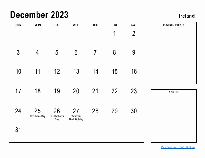 December 2023 Printable Monthly Calendar with Ireland Holidays