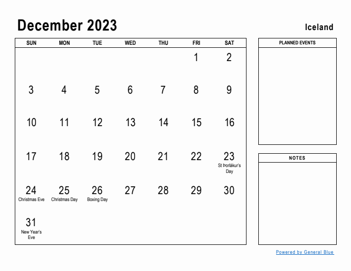 December 2023 Printable Monthly Calendar with Iceland Holidays