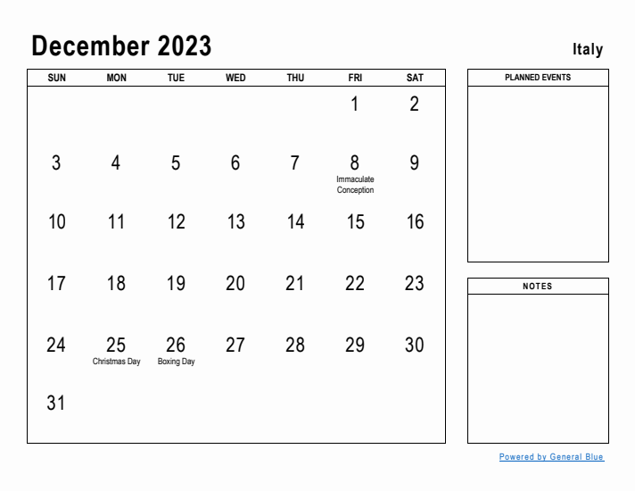 December 2023 Printable Monthly Calendar with Italy Holidays