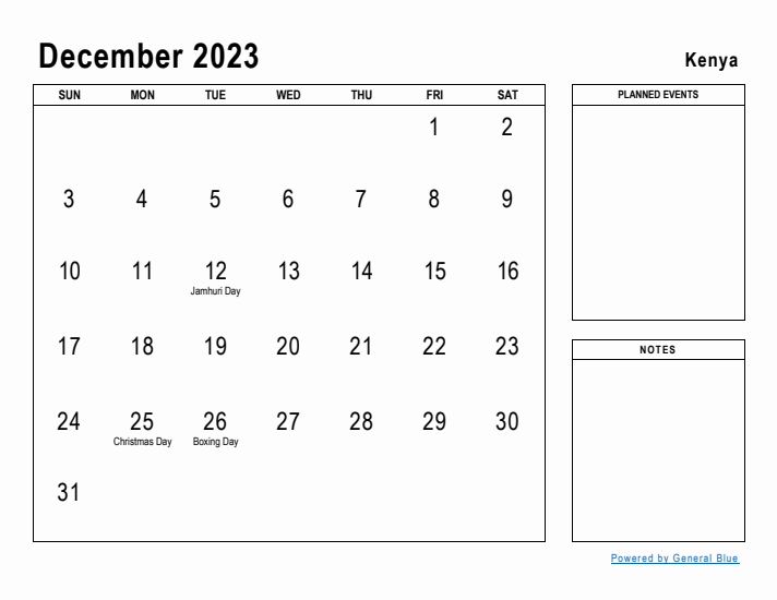 December 2023 Printable Monthly Calendar with Kenya Holidays