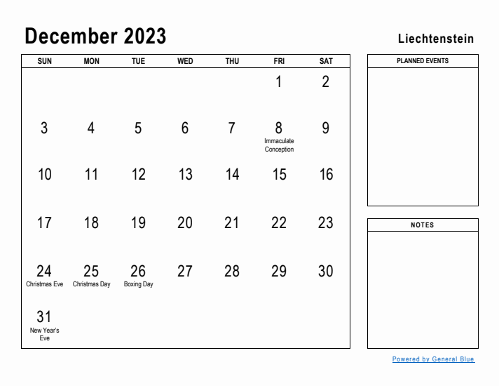 December 2023 Printable Monthly Calendar with Liechtenstein Holidays