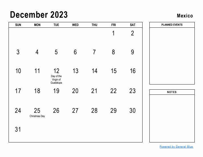 December 2023 Printable Monthly Calendar with Mexico Holidays