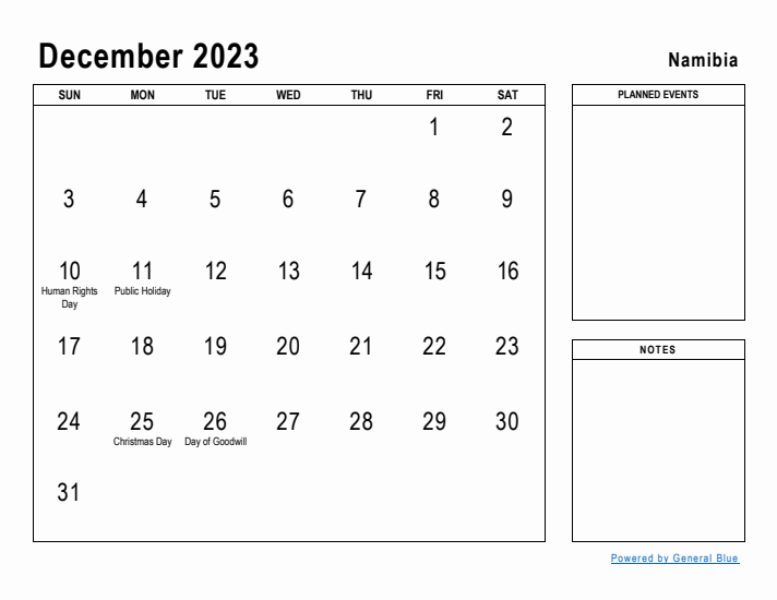 December 2023 Printable Monthly Calendar with Namibia Holidays