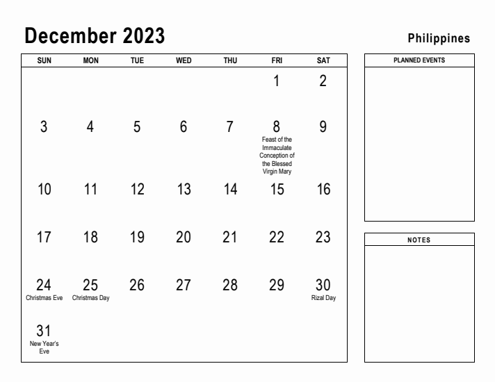 December 2023 Printable Monthly Calendar with Philippines Holidays