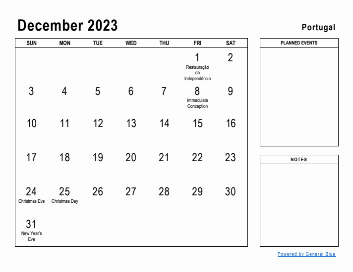 December 2023 Printable Monthly Calendar with Portugal Holidays