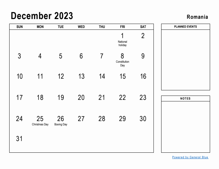 December 2023 Printable Monthly Calendar with Romania Holidays