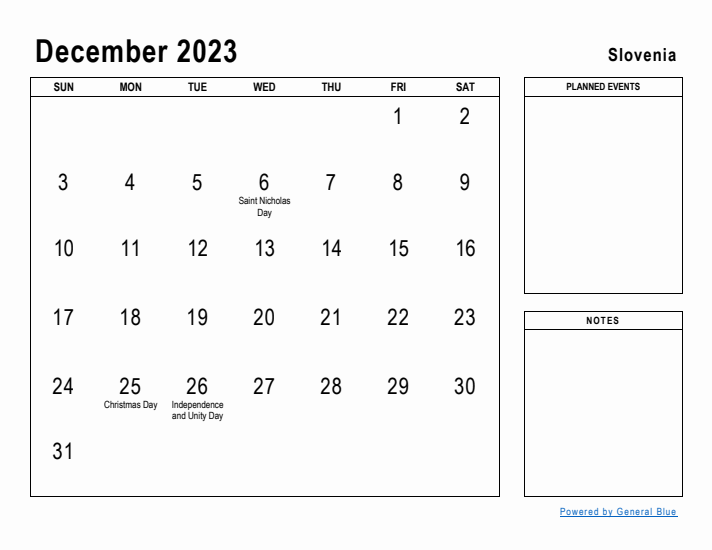 December 2023 Printable Monthly Calendar with Slovenia Holidays