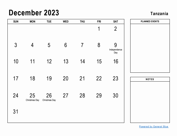 December 2023 Printable Monthly Calendar with Tanzania Holidays