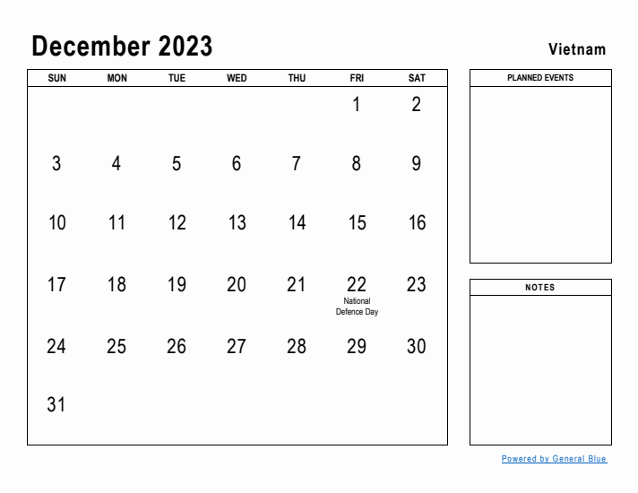 December 2023 Printable Monthly Calendar with Vietnam Holidays