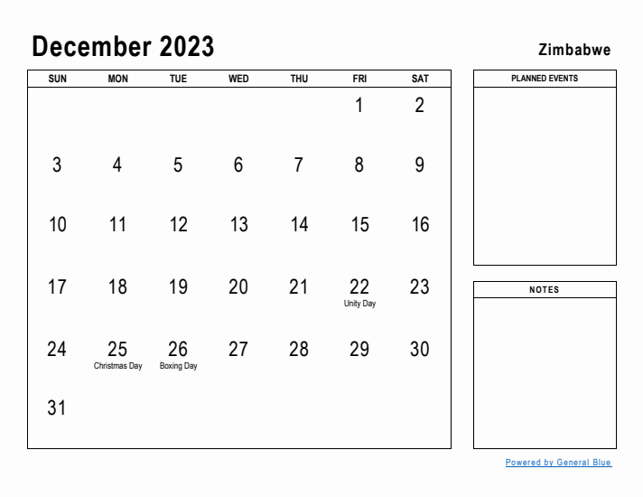 December 2023 Printable Monthly Calendar with Zimbabwe Holidays