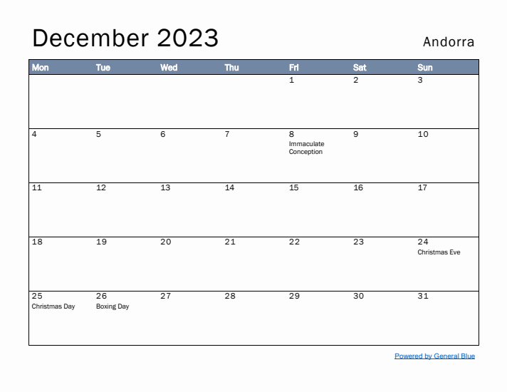 December 2023 Simple Monthly Calendar for Andorra