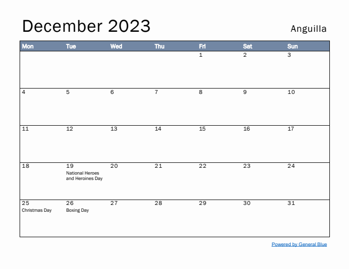 December 2023 Simple Monthly Calendar for Anguilla