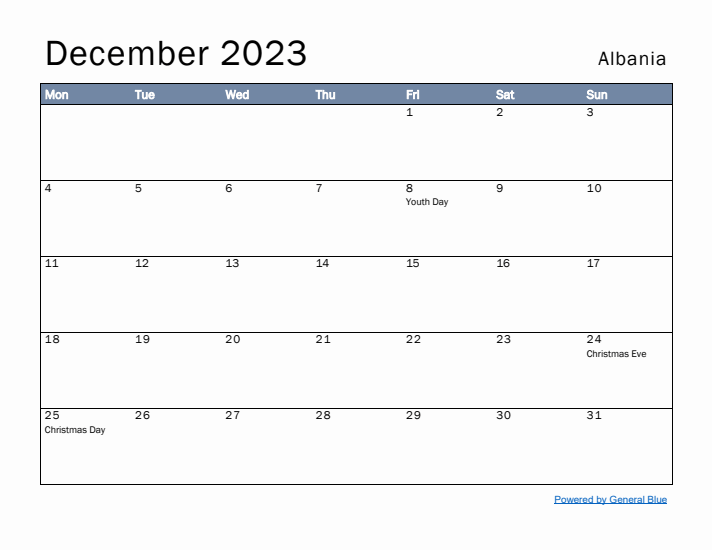 December 2023 Simple Monthly Calendar for Albania