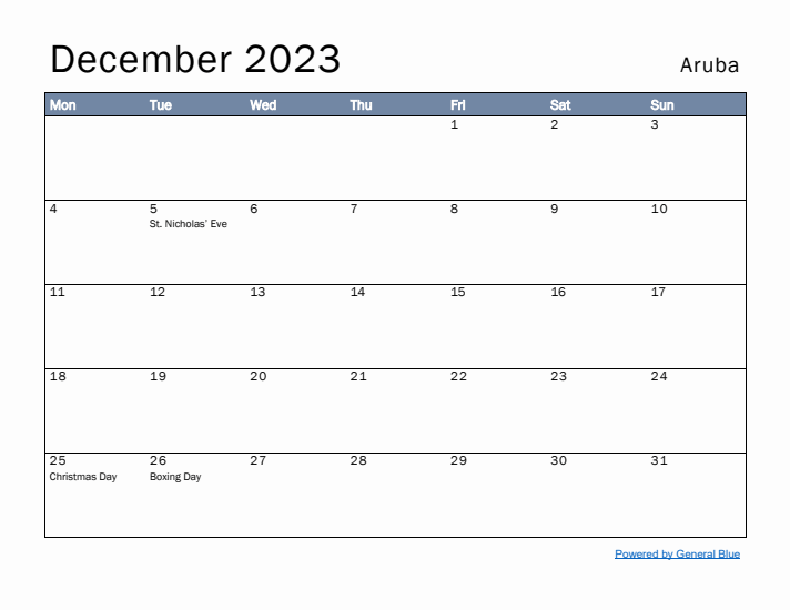 December 2023 Simple Monthly Calendar for Aruba