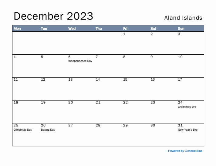 December 2023 Simple Monthly Calendar for Aland Islands