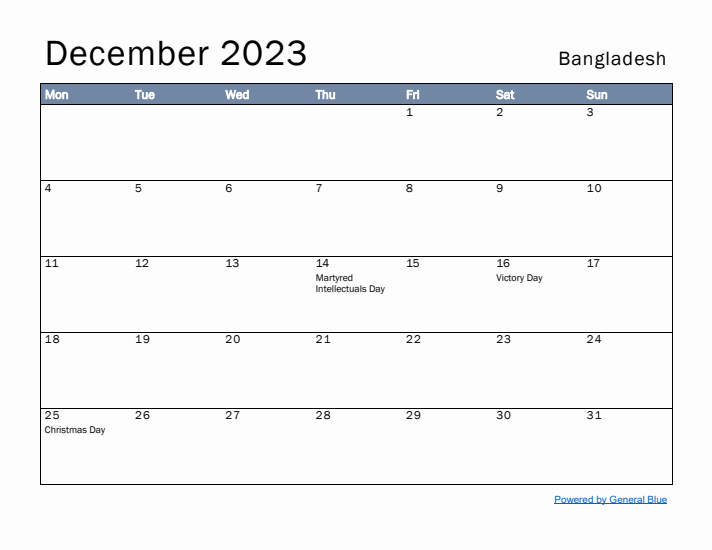 December 2023 Simple Monthly Calendar for Bangladesh