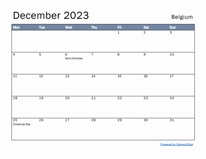 December 2023 Simple Monthly Calendar for Belgium