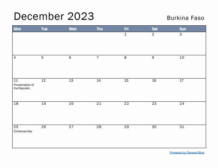 December 2023 Simple Monthly Calendar for Burkina Faso